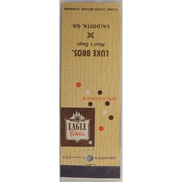 Vintage Matchbook Cover Luke Bros Mens Dept Valdosta GA Georgia Eagle Clothes - Picture 2 of 5